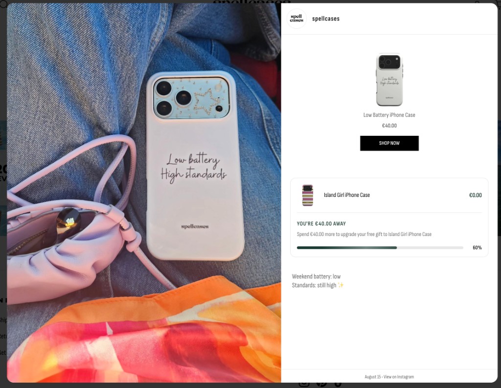 Feed popup: tagged product with Free Gift progress when Mintt Free Gift is connected.