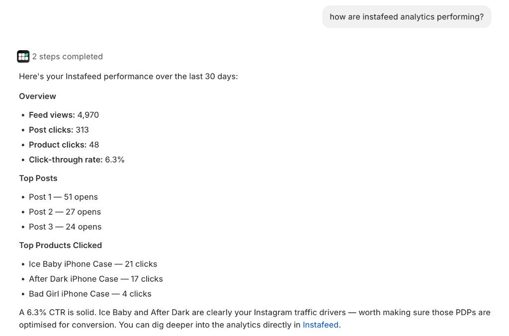 Sidekick: ask about Instafeed analytics and get a live performance summary in the Shopify admin.