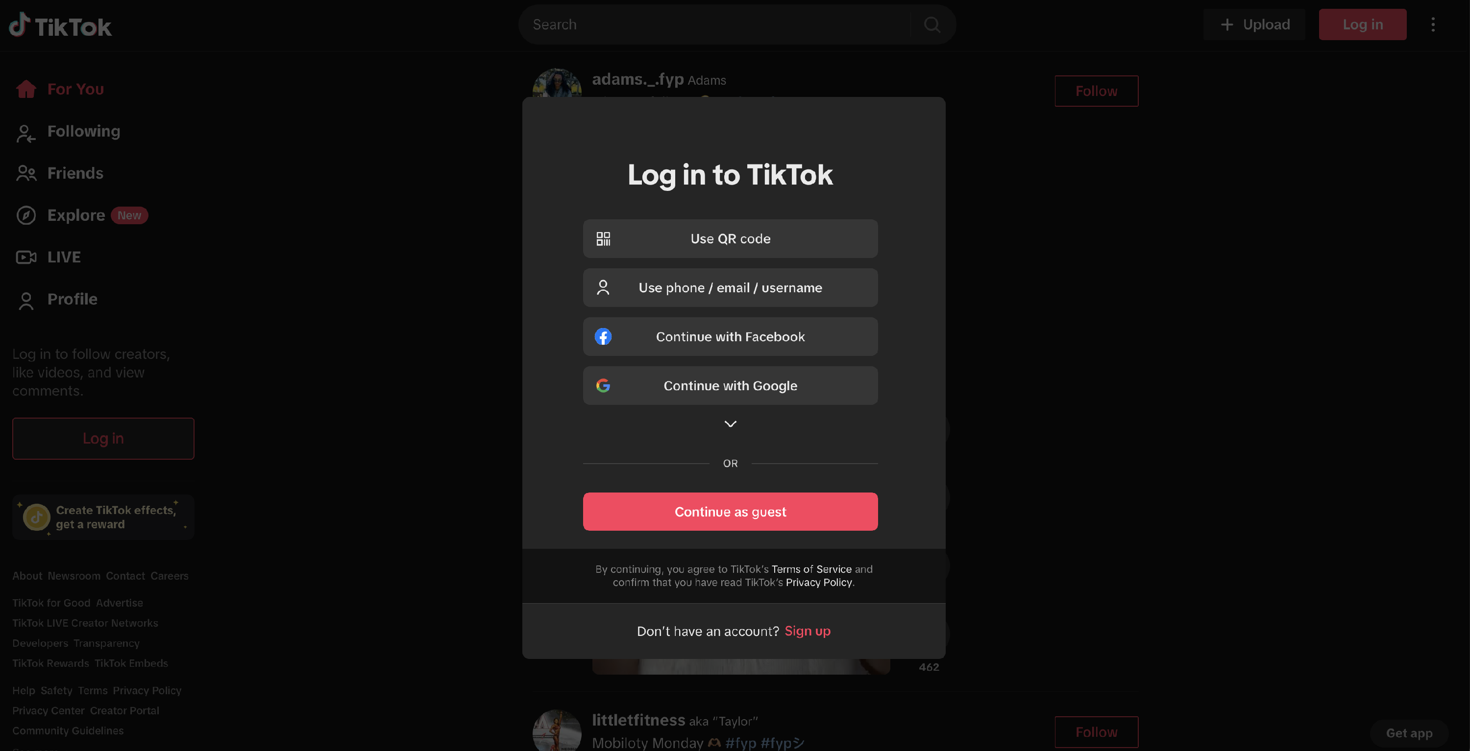 TikTok website Log in screen with login method options.