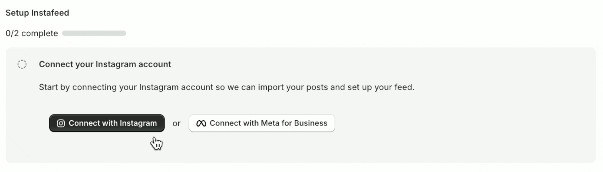 Animation showing the Instafeed app setup page, where the user clicks the “Connect with Instagram” button to link their account.