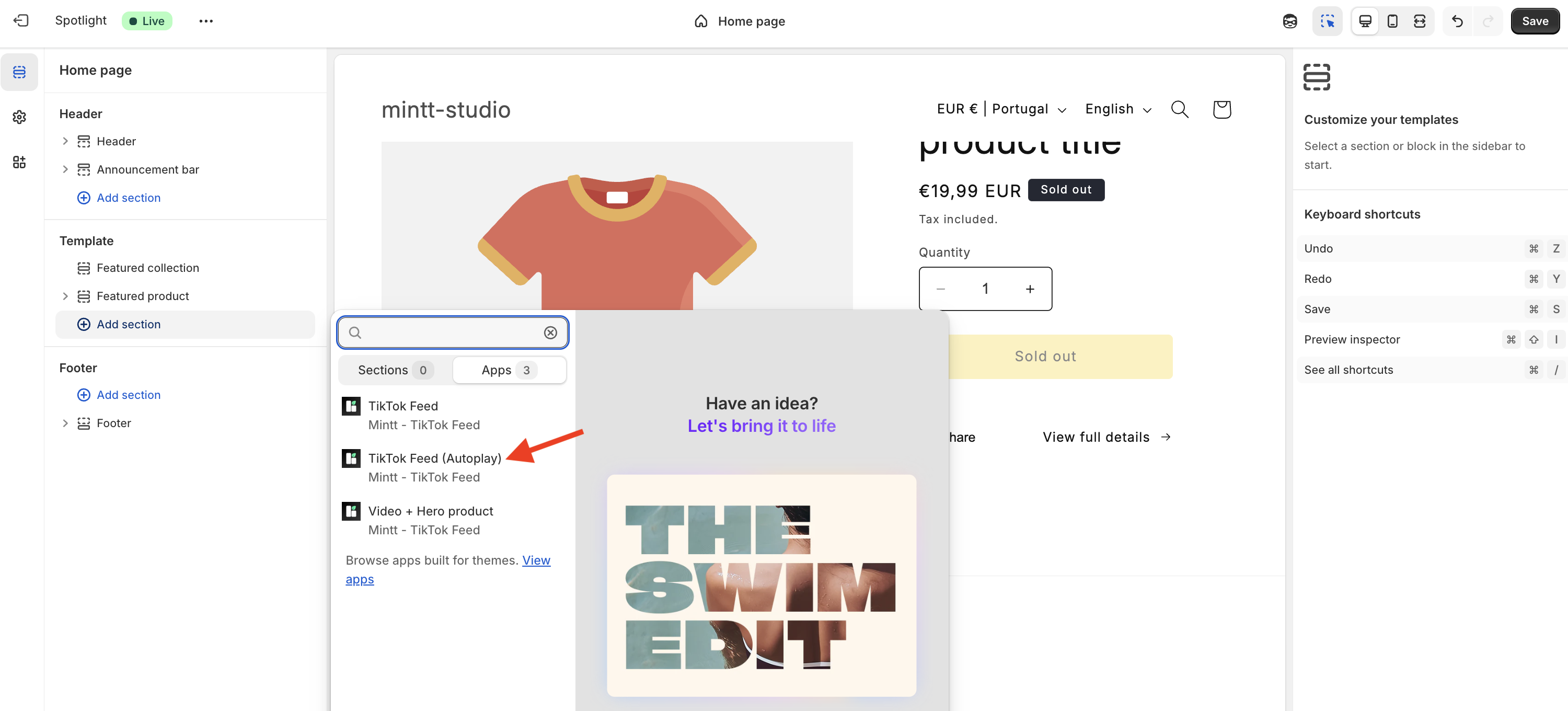Shopify theme editor showing the TikTok Feed (Autoplay) section.