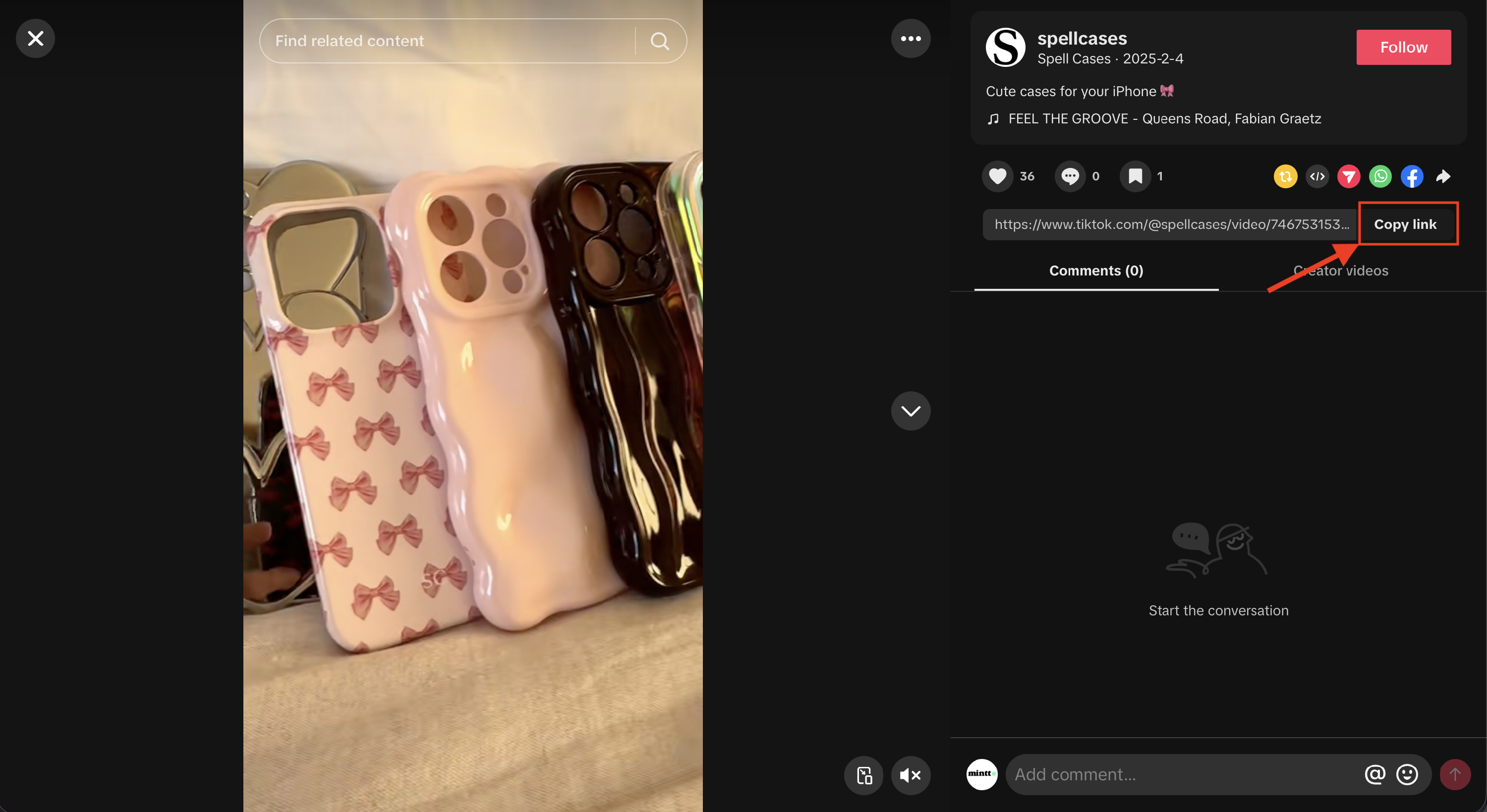 TikTok post opened on TIkTok website with the Copy link button highlighted.