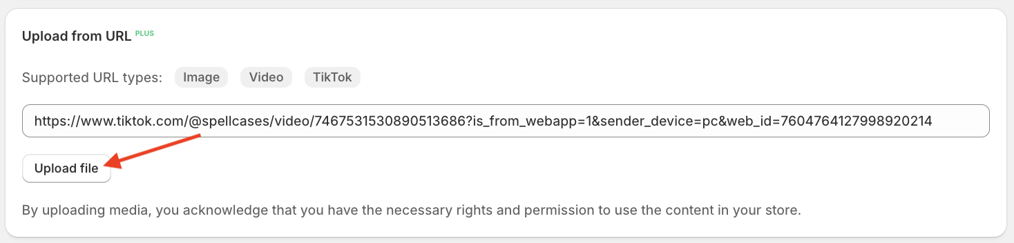 Screenshot of the Instafeed app user interface, showing the upload from URL section with Upload file button highlighted.