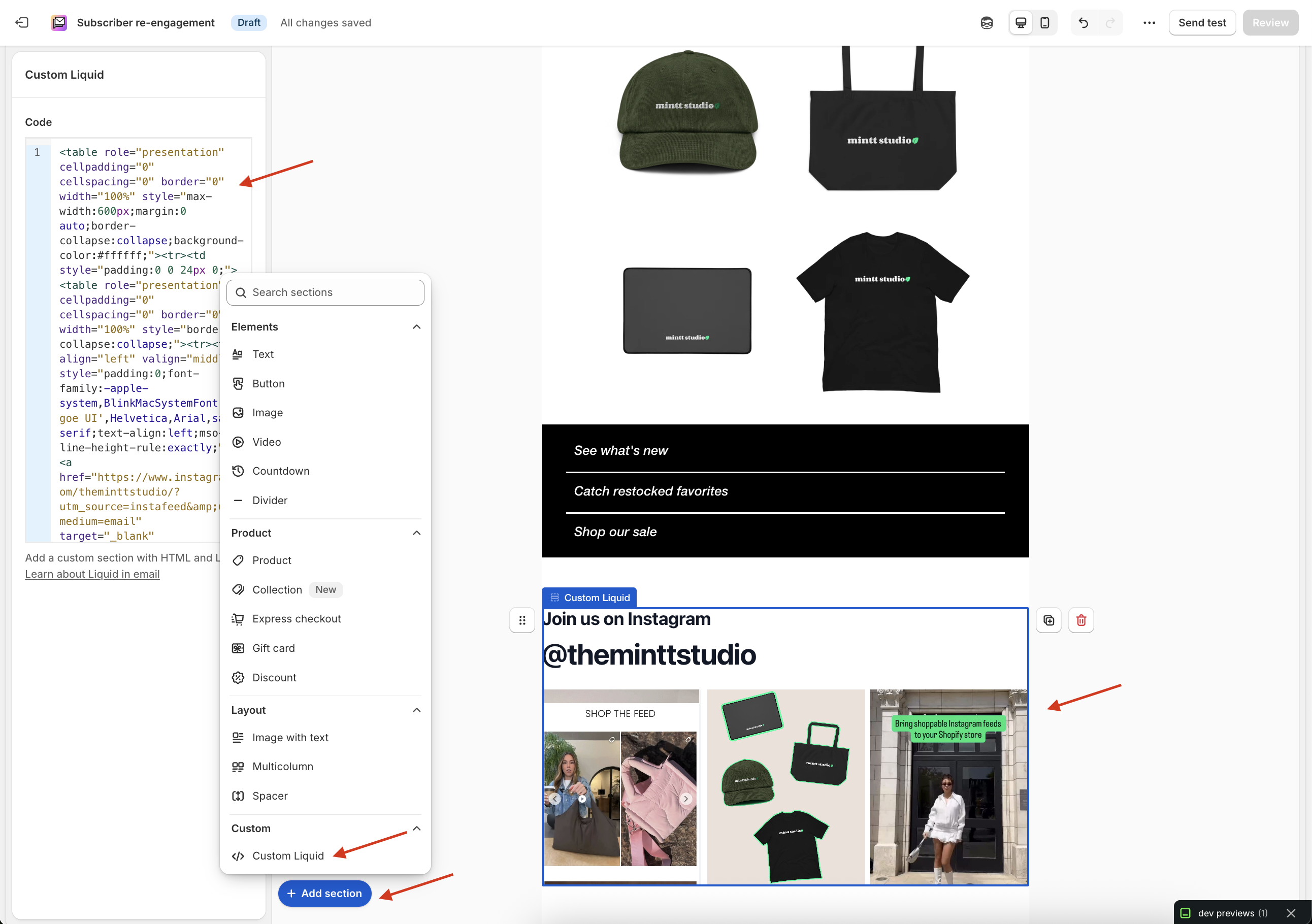 Email campaign in Shopify Messaging showing the Custom Liquid field with code for an Instagram feed embed.