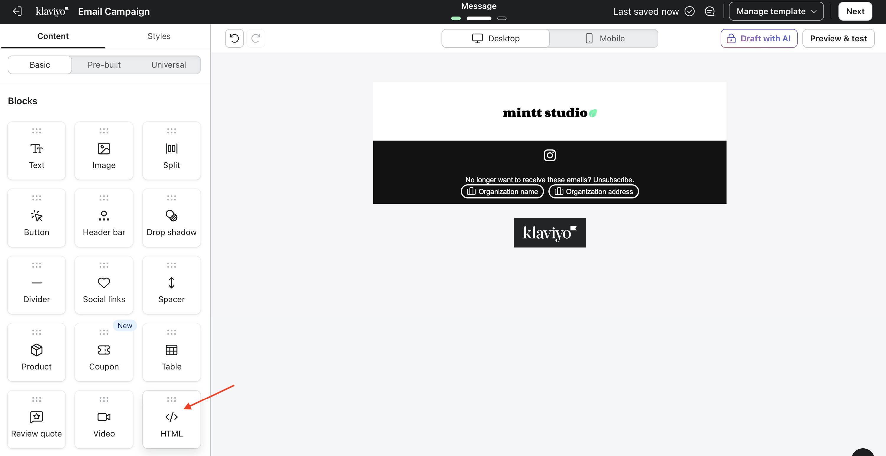 Email campaign in Klaviyo showing the HTML block.