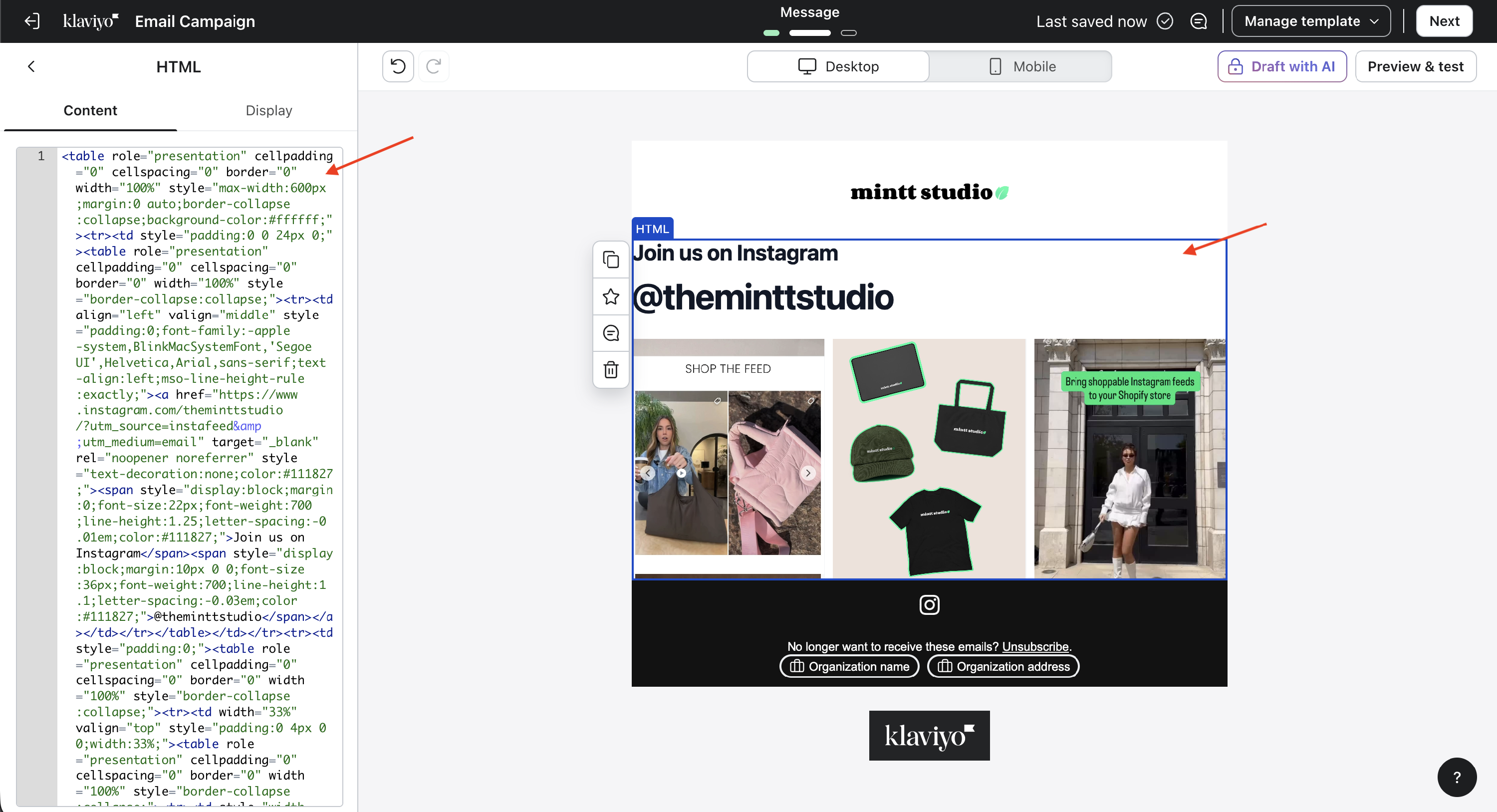 Email campaign in Klaviyo showing the HTML field with code for an Instagram feed embed.