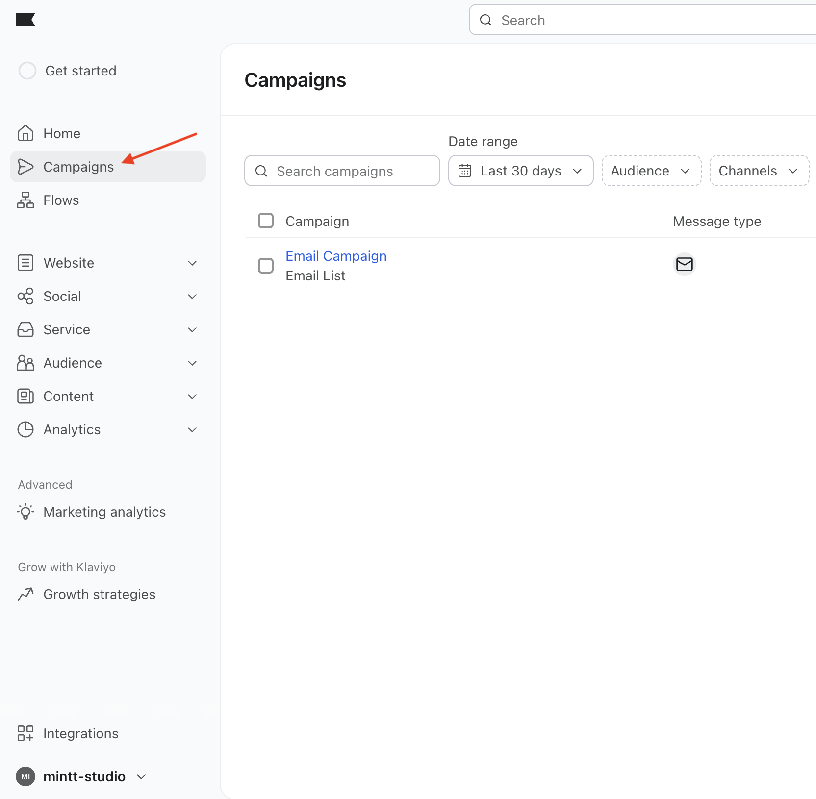 Klaviyo dashboard showing the Campaigns option in the left-side menu.