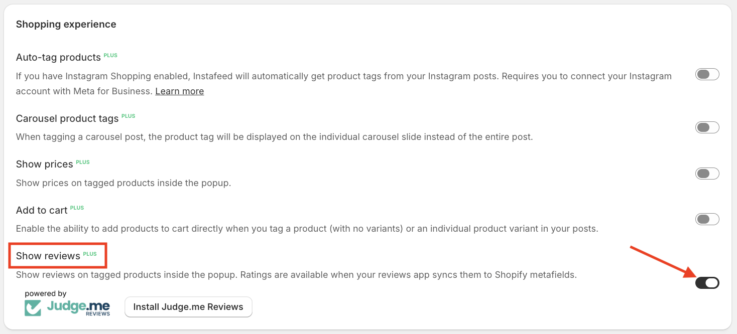 Mintt Instafeed settings page showing the Show reviews option.
