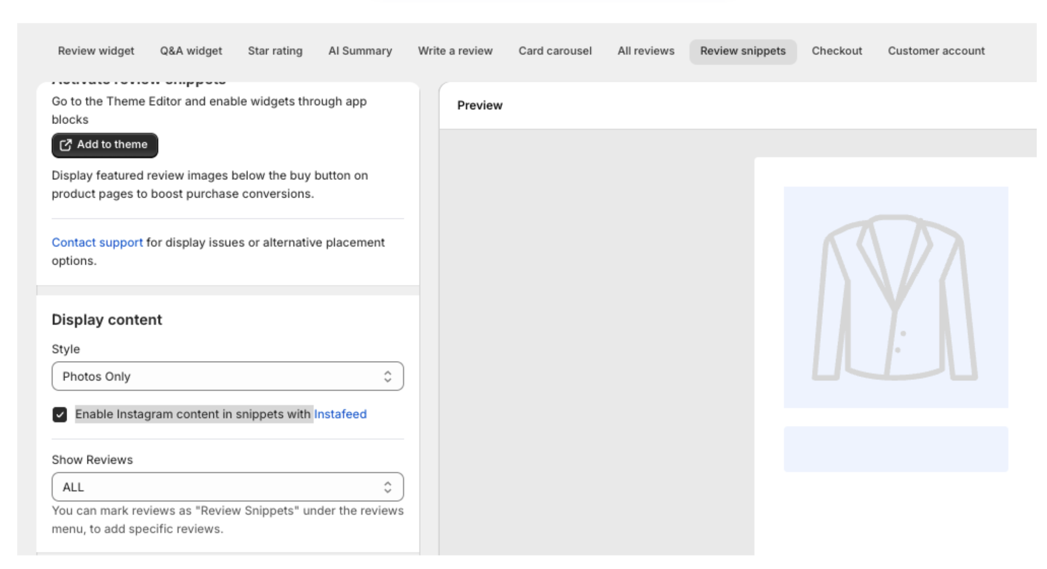 Enable Instagram content in snippets with Instafeed option in TrustWILL's Review snippets.