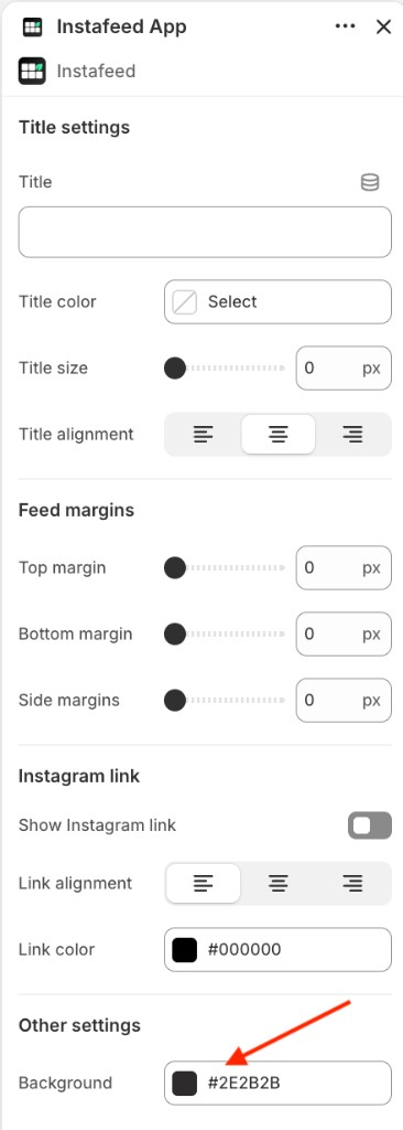 Instafeed App settings in the Shopify theme editor, with a red arrow pointing to Background under Other settings.