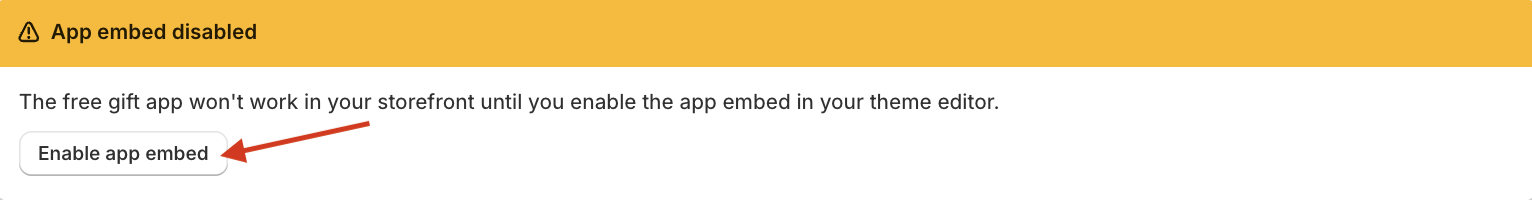 Red arrow pointing to the Enable app embed button of the Mintt - Free Gift app.