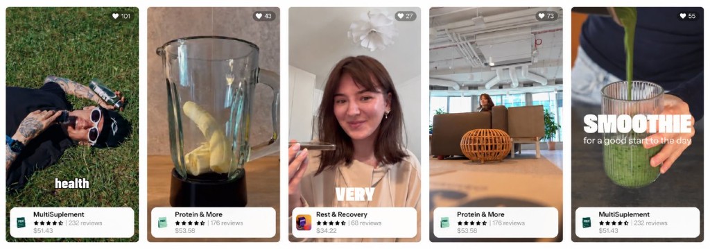 Shoppable strip layout showing five Instagram posts, each with a tagged product card, star rating, and price.